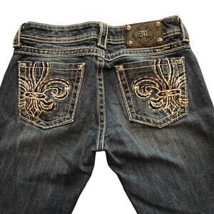 Miss Me Whiskering Medium Wash Fleur de Lis Women's Bootcut Jeans 27